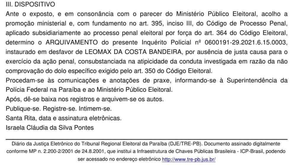 Justiça Eleitoral Arquiva Inquérito Contra Prefeito Léo Bandeira, Instaurado Pela Polícia Federal